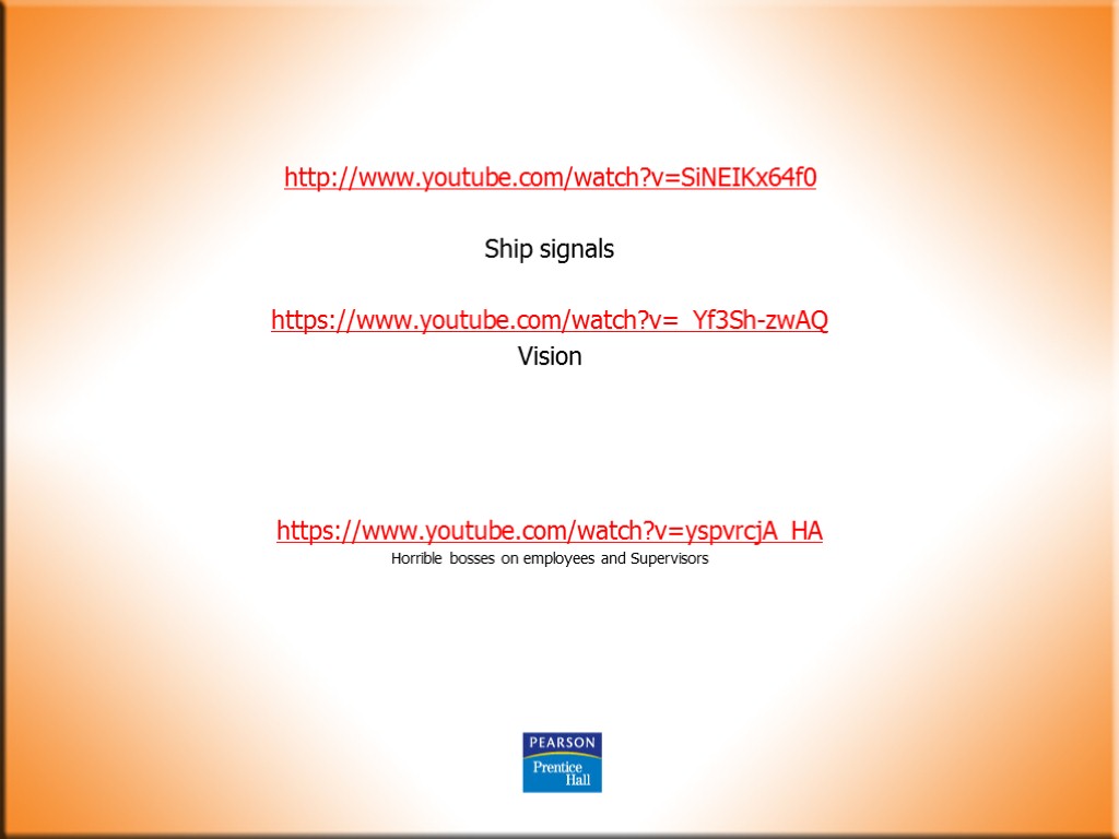 http://www.youtube.com/watch?v=SiNEIKx64f0 Ship signals https://www.youtube.com/watch?v=_Yf3Sh-zwAQ Vision https://www.youtube.com/watch?v=yspvrcjA_HA Horrible bosses on employees and Supervisors